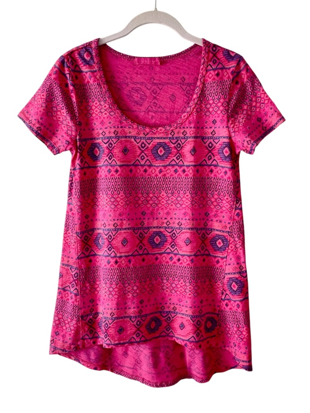 Fresh Produce Top Shirt Womens XS Pink Short Sleeve Hi-Lo Round Neck Geometric